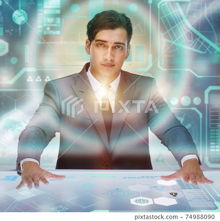 Man pressing virtual button in data mining concept Man pressing virtual button in data mining concept 74988090