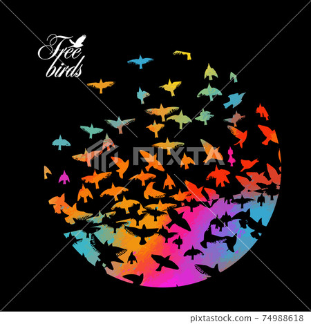 Bird watercolor. A flock of colorful birds. Mixed media. Abstraction in a circle of a bird. Vector illustration 74988618
