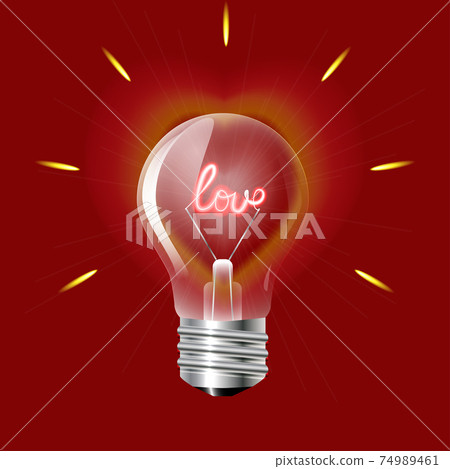 Concept of love in the form of light bulb on a red background. 74989461