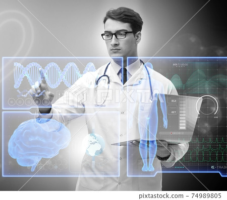 Telemedicine concept with doctor pressing virtual buttons Telemedicine concept with doctor pressing virtual buttons 74989805