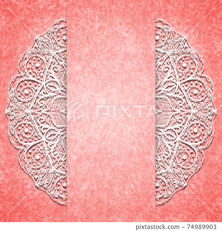 Abstract pink background with white lacy mandala pattern. 74989903