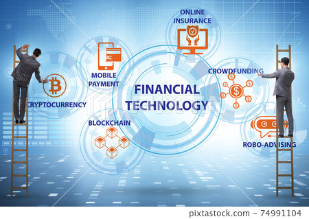 Financial technology concept with businessman pressing button Financial technology concept with businessman pressing button 74991104