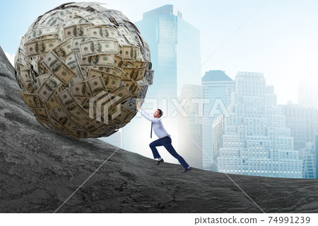 Businessman pushing away the dollar ball 74991239