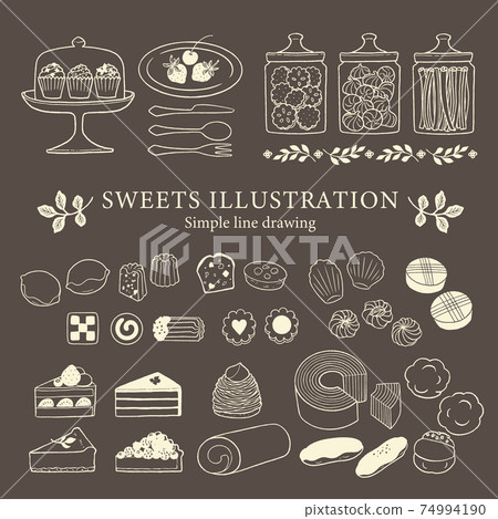 Line drawing illustrations of various sweets / Simple touch / Brown 74994190