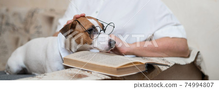 Elderly caucasian woman reading a book with a smart dog jack russell terrier wearing glasses and a tie on the sofa. Wide screen. Elderly caucasian woman reading a book with a smart dog jack russell terrier wearing glasses and a tie on the sofa. Wide screen. 74994807