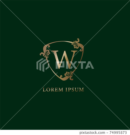 Letter W Alphabetic logo design template.  Luxury gold decorative floral shield sign illustration. Insurance logo concept isolated on dark green background. 74995873