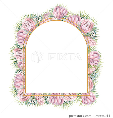 Arch-shaped gold frame with protea flowers, tropical leaves, palm leaves, bouvardia flowers. Wedding bouquet in a frame for the design of a stylish invitation. Watercolour illustration 74996011