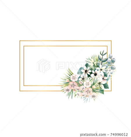 Rectangular gold frame with small flowers of actinidia, bouvardia, tropical and palm leaves. Wedding bouquet in a frame for the design of a stylish invitation. Watercolour illustration Rectangular gold frame with small flowers of actinidia, bouvardia, tropical and palm leaves. Wedding bouquet in a frame for the design of a stylish invitation. Watercolour illustration 74996012