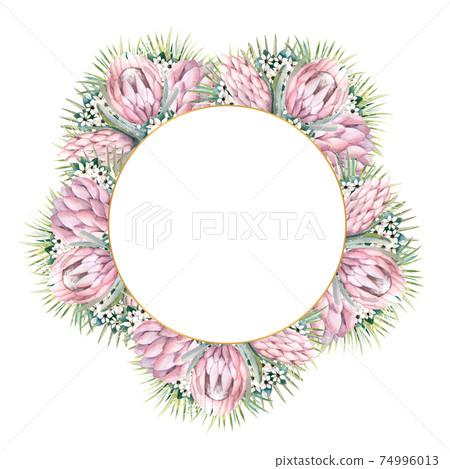 Round gold frame with protea flowers, tropical leaves, palm leaves, bouvardia flowers. Wedding bouquet in a frame for the design of a stylish invitation. Watercolour illustration Round gold frame with protea flowers, tropical leaves, palm leaves, bouvardia flowers. Wedding bouquet in a frame for the design of a stylish invitation. Watercolour illustration 74996013