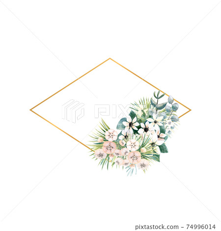 Diamond-shaped gold frame with small flowers of actinidia, bouvardia, tropical and palm leaves. Wedding bouquet in a frame for the design of a stylish invitation. Watercolour illustration Diamond-shaped gold frame with small flowers of actinidia, bouvardia, tropical and palm leaves. Wedding bouquet in a frame for the design of a stylish invitation. Watercolour illustration 74996014