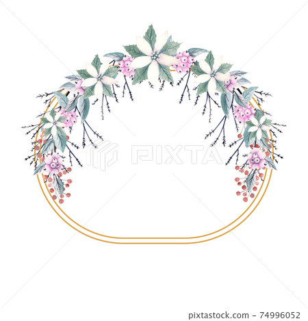 Winter watercolor in a gold oval frame with sprigs of snow berries and poinsettia flowers. Hand-drawn illustration. For invitations, greeting cards, prints, posters, advertising 74996052