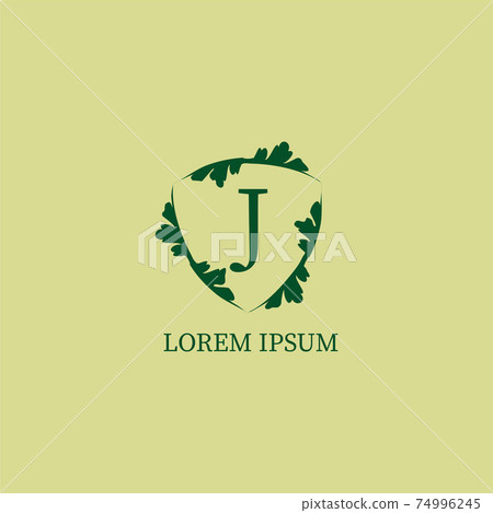 Letter J alphabetic logo design template. Nature Guard, Security logo concept isolated on green beige color. Decorative floral shield sign illustration. Letter J alphabetic logo design template. Nature Guard, Security logo concept isolated on green beige color. Decorative floral shield sign illustration. 74996245