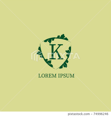 Letter K alphabetic logo design template isolated on green beige color. Decorative floral shield sign illustration. Nature Guard, Security logo concept. Letter K alphabetic logo design template isolated on green beige color. Decorative floral shield sign illustration. Nature Guard, Security logo concept. 74996246