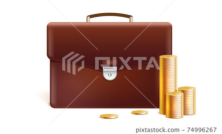 Briefcase with stacks of golden coins isolated on Briefcase with stacks of golden coins isolated on 74996267