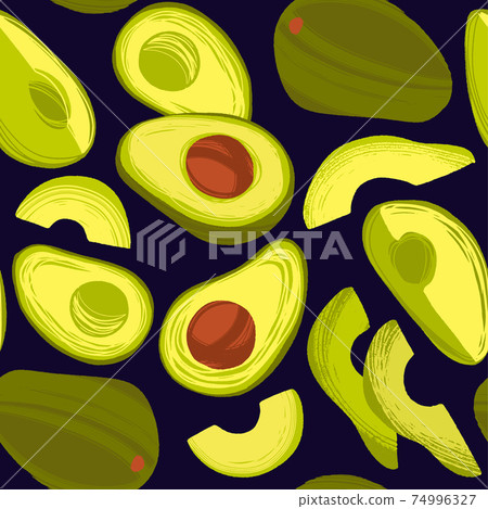 Background with hand drawn whole and sliced fruits in trendy flat style on black background. 74996327