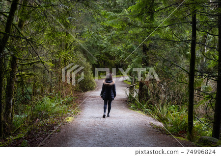 Girl Walking in the Canadian Rain Forest 74996824