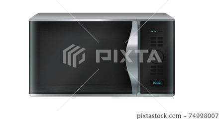 Microwave. Realistic kitchen appliance. Electronic household equipment. Panel with buttons and timer. Front view of vector electrical stove for cooking and heating or defrosting food Microwave. Realistic kitchen appliance. Electronic household equipment. Panel with buttons and timer. Front view of vector electrical stove for cooking and heating or defrosting food 74998007