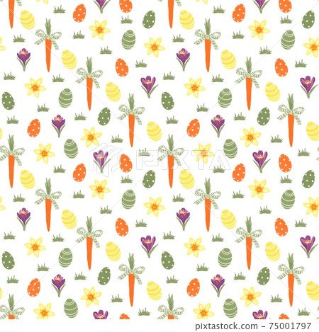 Seamless easter pattern with colored eggs, carrots and spring flowers 75001797