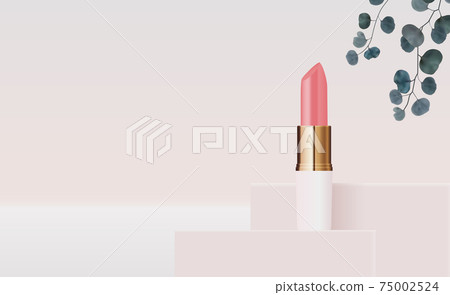 3D Realistic Natural Lipstick on Pink Podium Design Template of Fashion Cosmetics Product for Ads, flyer or Magazine Background. Vector Iillustration 3D Realistic Natural Lipstick on Pink Podium Design Template of Fashion Cosmetics Product for Ads, flyer or Magazine Background. Vector Iillustration 75002524