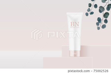 3D Realistic rose Pastel Cream Bottles on pedestal Background and eucalyptus leaves. Design Template of Fashion Cosmetics Product for Ads, flyer or Magazine Background. Vector Illustration 3D Realistic rose Pastel Cream Bottles on pedestal Background and eucalyptus leaves. Design Template of Fashion Cosmetics Product for Ads, flyer or Magazine Background. Vector Illustration 75002526
