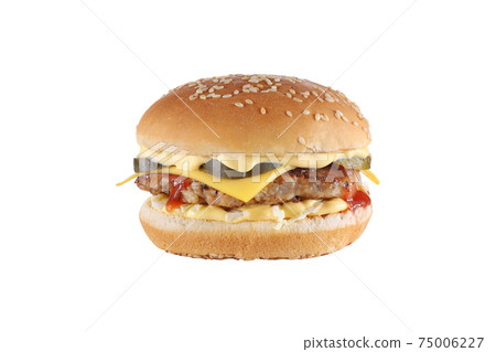 Burger with cheese isolated on white background. Cheeseburger fast food meal. Burger with cheese isolated on white background. Cheeseburger fast food meal. 75006227
