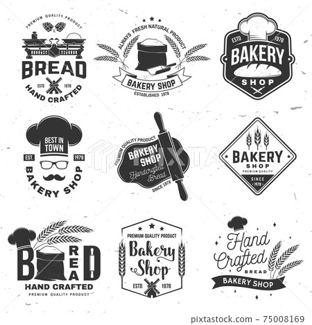 Set of Bakery shop badge. Vector Design with windmill, rolling pin, dough, wheat ears, old oven, wooden bread shovels silhouette. For restaurant, bakery identity objects, packaging menu Set of Bakery shop badge. Vector Design with windmill, rolling pin, dough, wheat ears, old oven, wooden bread shovels silhouette. For restaurant, bakery identity objects, packaging menu 75008169