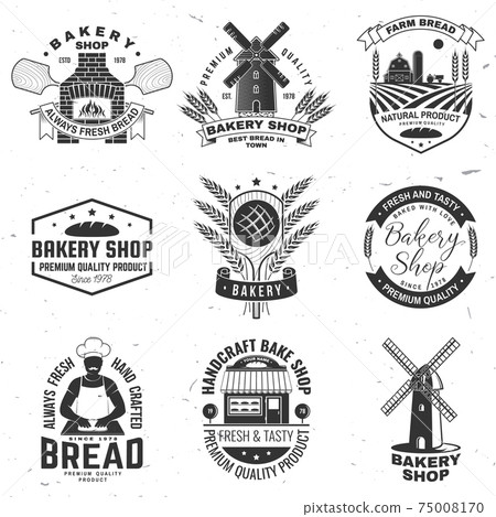 Set of Bakery shop badge. Vector Design with windmill, rolling pin, dough, wheat ears, old oven, wooden bread shovels silhouette. For restaurant, bakery identity objects, packaging menu Set of Bakery shop badge. Vector Design with windmill, rolling pin, dough, wheat ears, old oven, wooden bread shovels silhouette. For restaurant, bakery identity objects, packaging menu 75008170