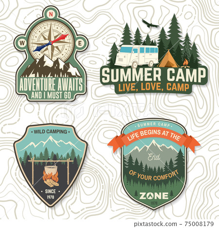 Set of camping badges, patches. Vector illustration. Concept for shirt or logo, print, stamp or tee. Vintage typography design with camping tent, forest and camper compass silhouette 75008179