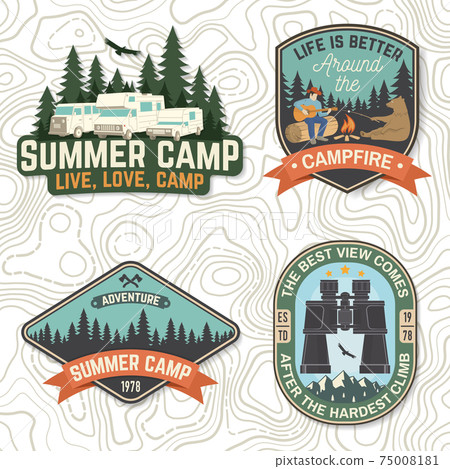 Set of Summer camp patches Vector Concept for shirt or logo, print, stamp, patch or tee. Vintage typography design with man, bear with marshmallow, cempfire, camping tent, forest, mountain silhouette Set of Summer camp patches Vector Concept for shirt or logo, print, stamp, patch or tee. Vintage typography design with man, bear with marshmallow, cempfire, camping tent, forest, mountain silhouette 75008181