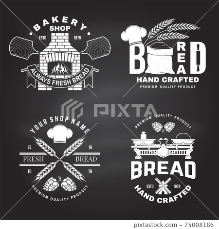 Set of bakery badge, logo. Vector. Typography design with farm, ears of wheat, old oven, windmill silhouette. Template for restaurant identity objects, packaging and menu 75008186
