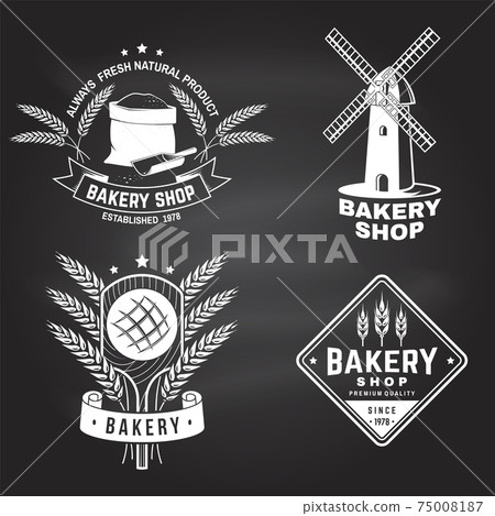 Bakery shop. Vector Concept for badge, shirt, label, print, stamp or tee. Typography design with bag with flour, ears of wheat silhouette. Template for restaurant identity objects, packaging and menu Bakery shop. Vector Concept for badge, shirt, label, print, stamp or tee. Typography design with bag with flour, ears of wheat silhouette. Template for restaurant identity objects, packaging and menu 75008187
