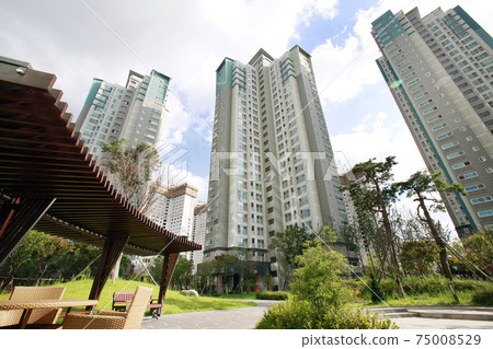 Blue sky and apartment complex, Blue sky and apartment complex, 75008529
