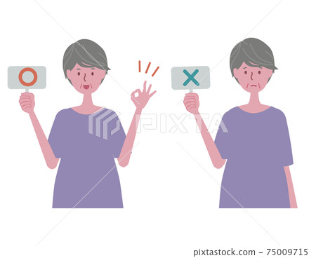 Senior woman with correct / incorrect sign Senior woman with correct / incorrect sign 75009715