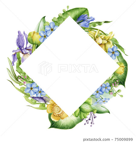 Spring flower square frame. Bright hand drawn flowers in decorative banner. Watercolor realistic garden floral frame. On white background. Wedding invitation postcard. Elegant decor element 75009899