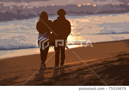 Illustration of a couple looking at the sea in Shonan Illustration of a couple looking at the sea in Shonan 75010679