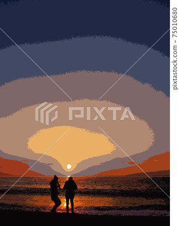 Illustration of a couple looking at the sea in Shonan Illustration of a couple looking at the sea in Shonan 75010680