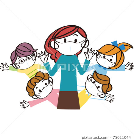 Masks, beautiful hands, children, teachers, energetic elementary school students 75011044