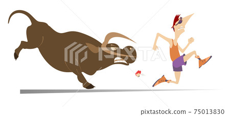 Cartoon runner and angry bull illustration. Frightened sport man runs away from the angry bull isolated on white 75013830