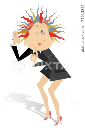 Cartoon eavesdropping woman illustration. Funny young woman overhears like a spy and shows a finger to keep quiet isolated on white Cartoon eavesdropping woman illustration. Funny young woman overhears like a spy and shows a finger to keep quiet isolated on white 75013835