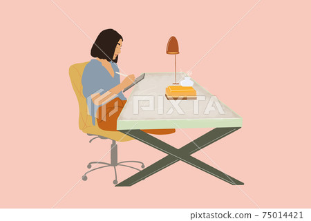 Woman work from home on digital tablet. Vector illustration in pastel tones Woman work from home on digital tablet. Vector illustration in pastel tones 75014421