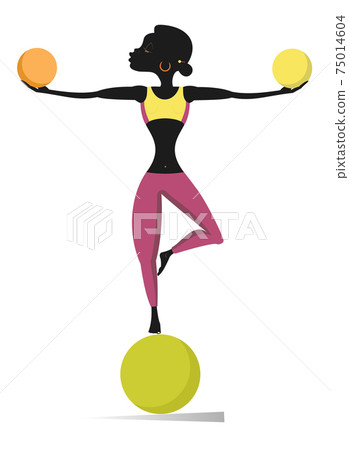 African woman does exercises with balls illustration. Pretty young African woman with lithe figure doing sport exercise with three balls isolated on white African woman does exercises with balls illustration. Pretty young African woman with lithe figure doing sport exercise with three balls isolated on white 75014604