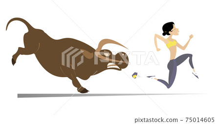 Cartoon running woman and angry bull illustration. Frightened sport woman runs away from the angry bull isolated on white 75014605