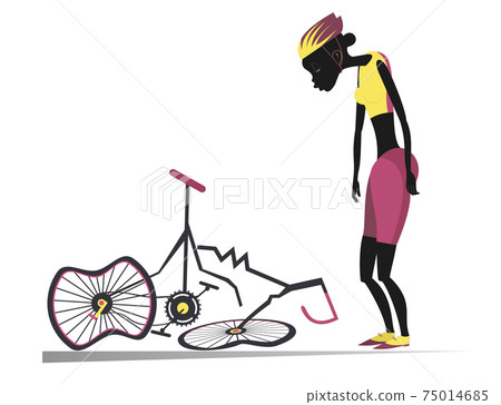Cyclist African woman and a broken bike isolated illustration. Sad African woman standing near a broken bike with downcast head and hands isolated on white Cyclist African woman and a broken bike isolated illustration. Sad African woman standing near a broken bike with downcast head and hands isolated on white 75014685