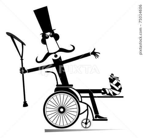 Cheerful long mustached gentleman in the top hat with bandages on the hand and leg holds crutch and sits in the wheelchair looks happy black on white Cheerful long mustached gentleman in the top hat with bandages on the hand and leg holds crutch and sits in the wheelchair looks happy black on white 75014686