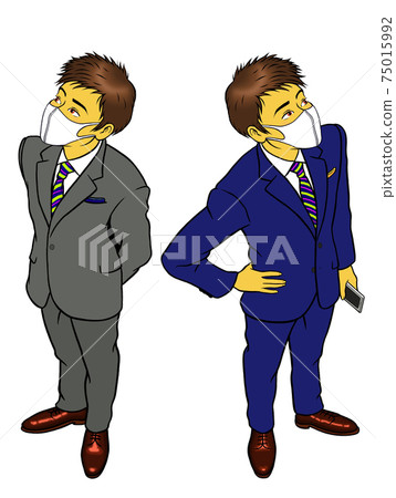 Two sets of young businessmen with masks Two sets of young businessmen with masks 75015992