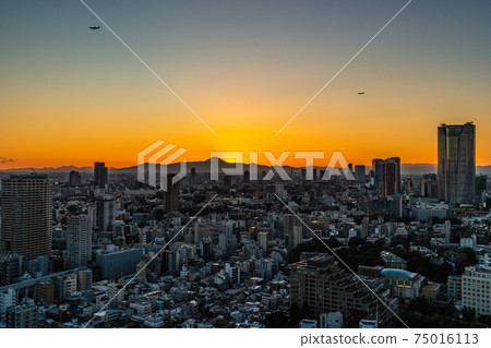 Tokyo cityscape of Japan overlooking Roppongi Hills, Mt. Fuji, aircraft, etc. Tokyo cityscape of Japan overlooking Roppongi Hills, Mt. Fuji, aircraft, etc. 75016113