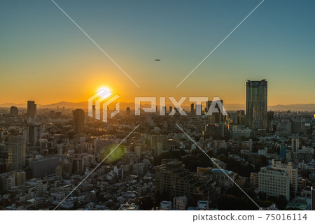 Tokyo cityscape of Japan overlooking Roppongi Hills, Mt. Fuji, aircraft, etc. Tokyo cityscape of Japan overlooking Roppongi Hills, Mt. Fuji, aircraft, etc. 75016114