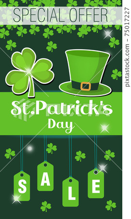 St. Patrick Day discounts promotions, poster, flyer. Super Sale. Template for your design with clover, shamrock. Vector illustration 75017227