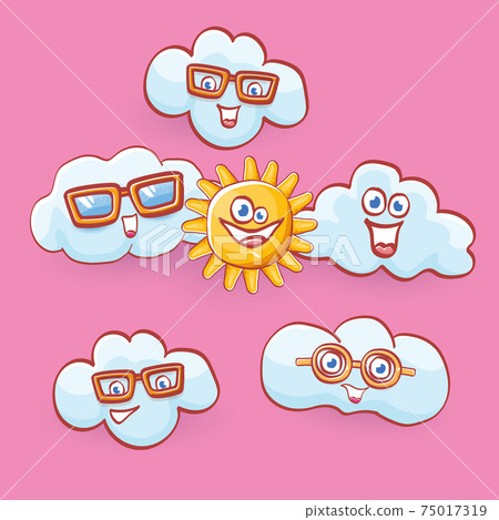 vector summer cartoon icon set with funky cartoon summer sun character and cute clouds isolated on pink sky background. funky kids summer stickers 75017319
