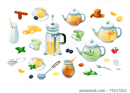 Tea set green, herbal. Teapots, cups, tea bag, strainer, cookies. Objects are isolated on a white background. 75017822